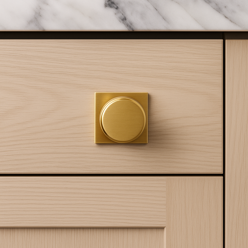 Beige wooden cabinet with a Brass gold knob on a marble countertop background