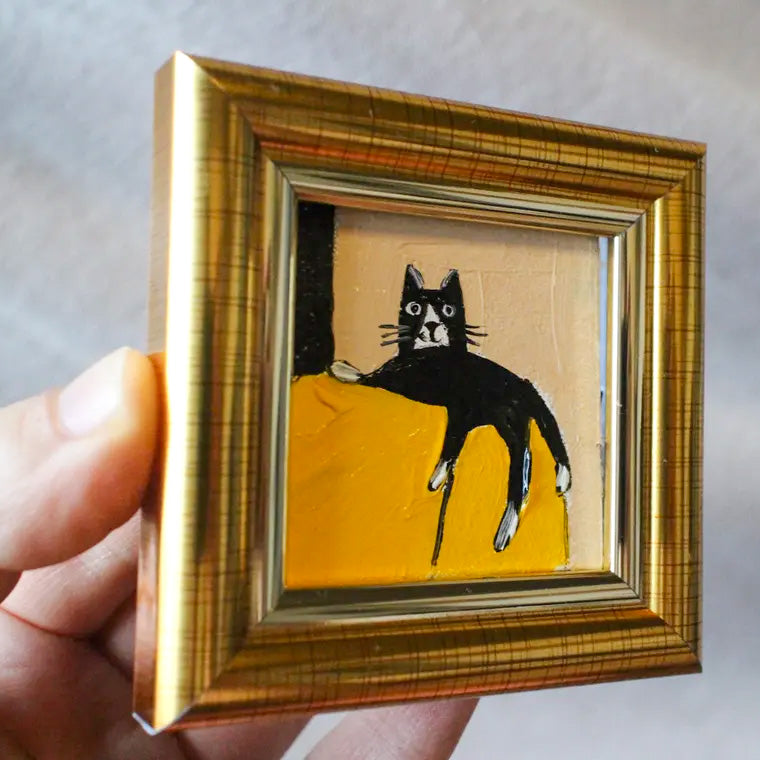 Mini Black Cat Original Oil Painting 2x2 In