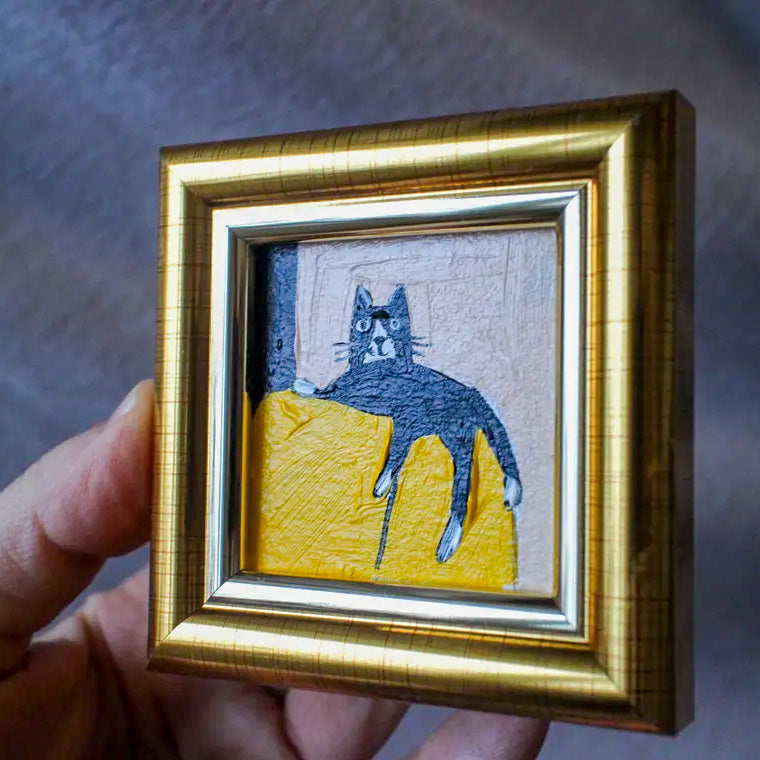 Mini Black Cat Original Oil Painting 2x2 In