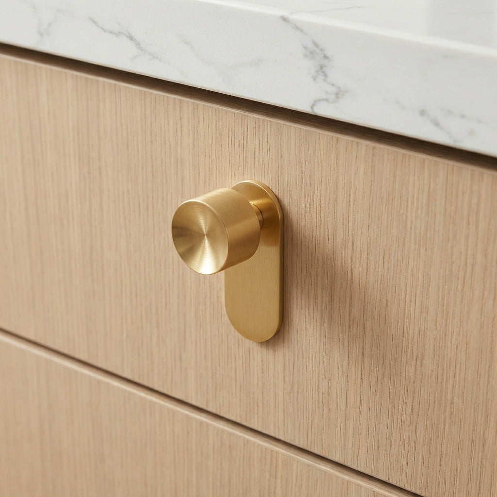 Top Hole Brushed Brass Knob Backplate: Modern (2.25" x 1")