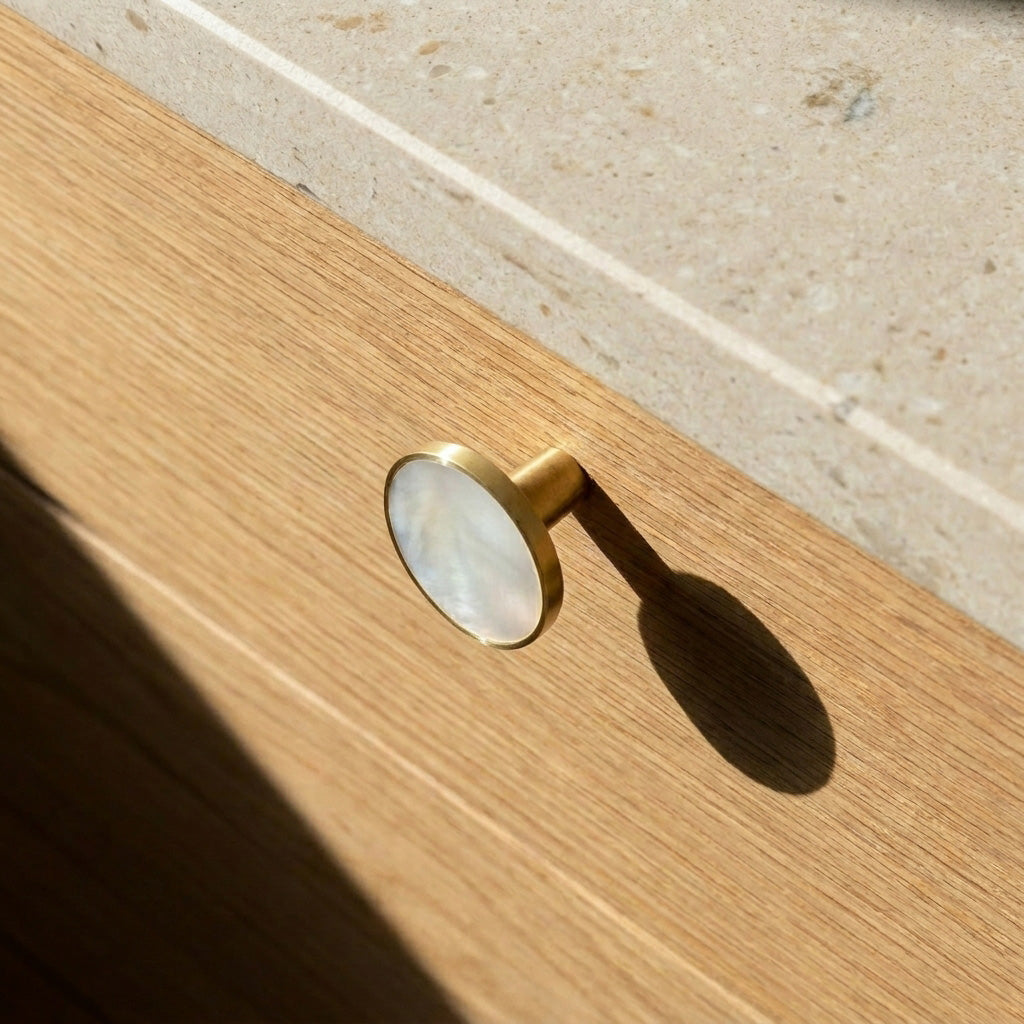 Shell Inlay Round Modern Solid Brass Kitchen Cabinet Hardware Knob