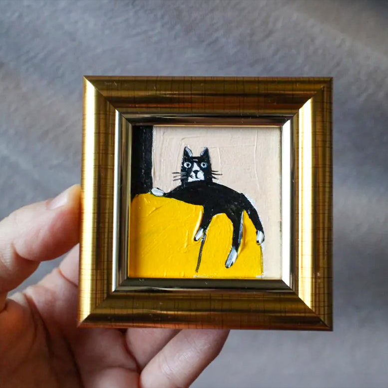 Mini Black Cat Original Oil Painting 2x2 In