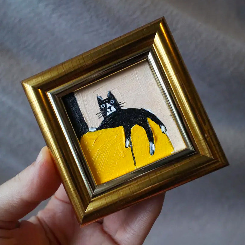Mini Black Cat Original Oil Painting 2x2 In