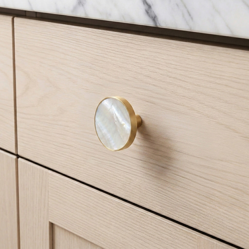Shell Inlay Round Modern Solid Brass Kitchen Cabinet Hardware Knob