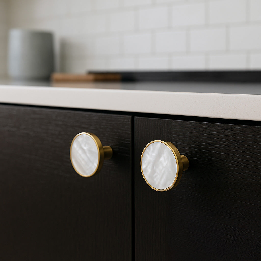 Shell Inlay Round Modern Solid Brass Kitchen Cabinet Hardware Knob